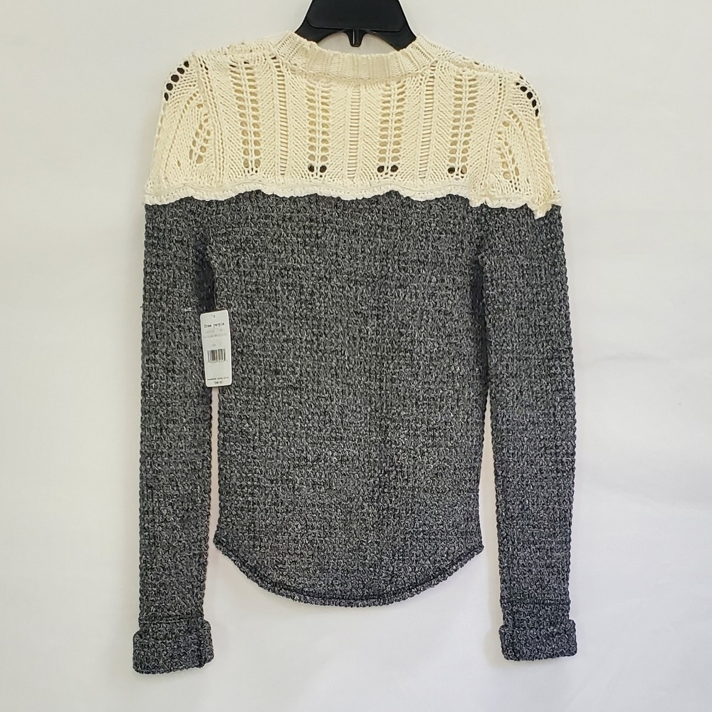 Free People Grey & White Crochet Lace Neck Knit Sweater - Picture 4 of 6